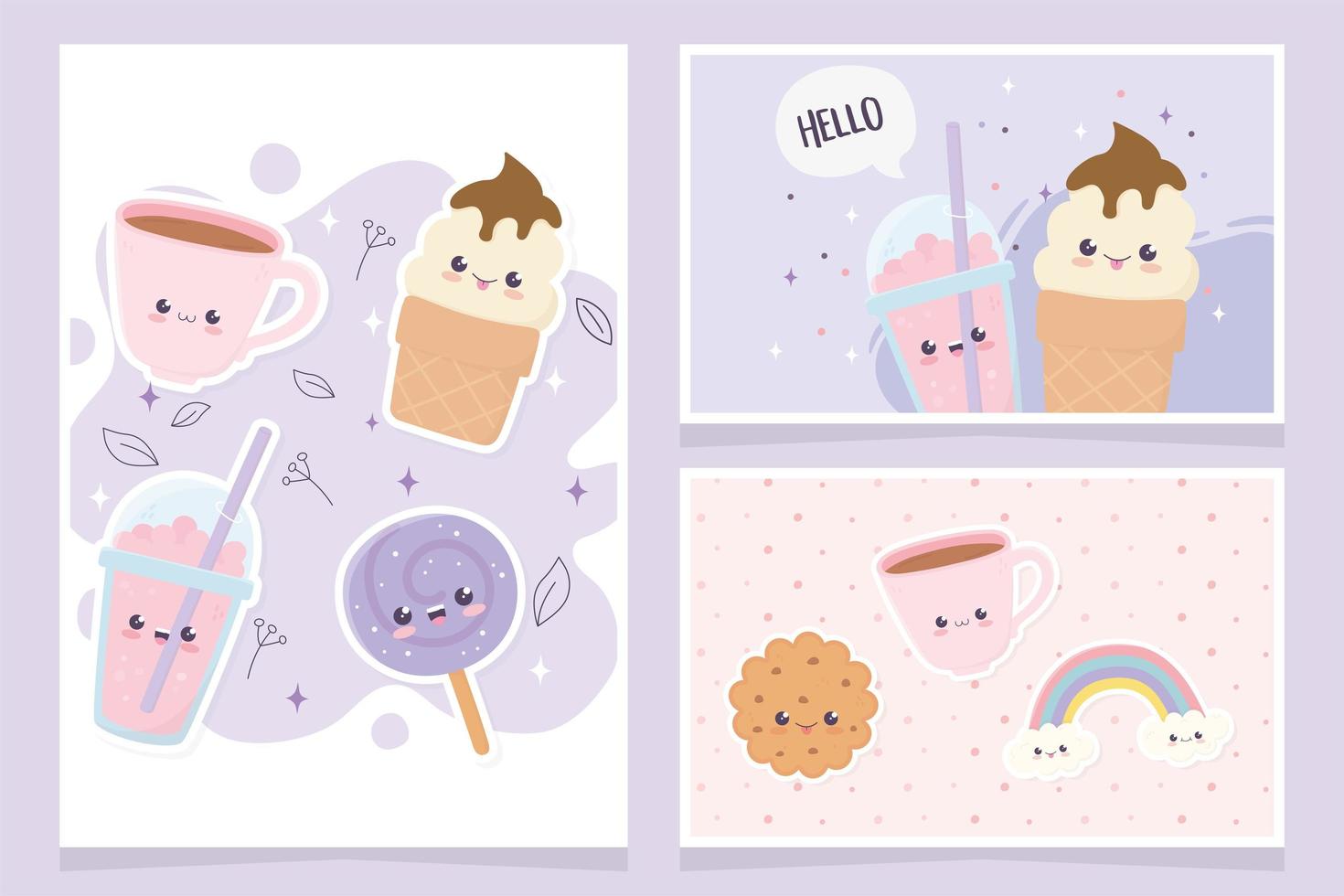 kawaii café taza helado piruleta galleta arco iris comida rápida dibujos animados tarjetas vector