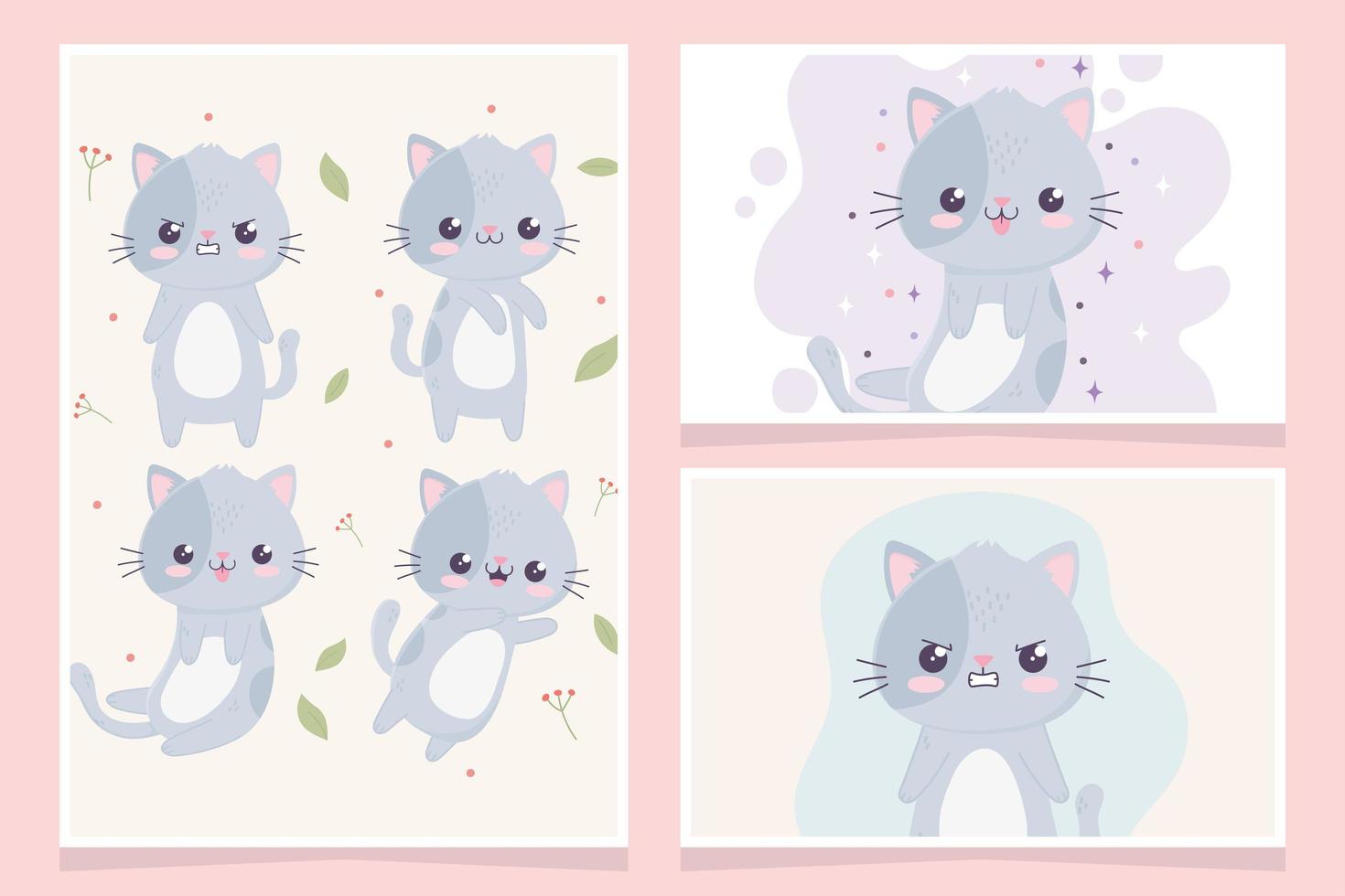 kawaii dibujos animados lindos gatos personajes caras expresiones pancartas vector