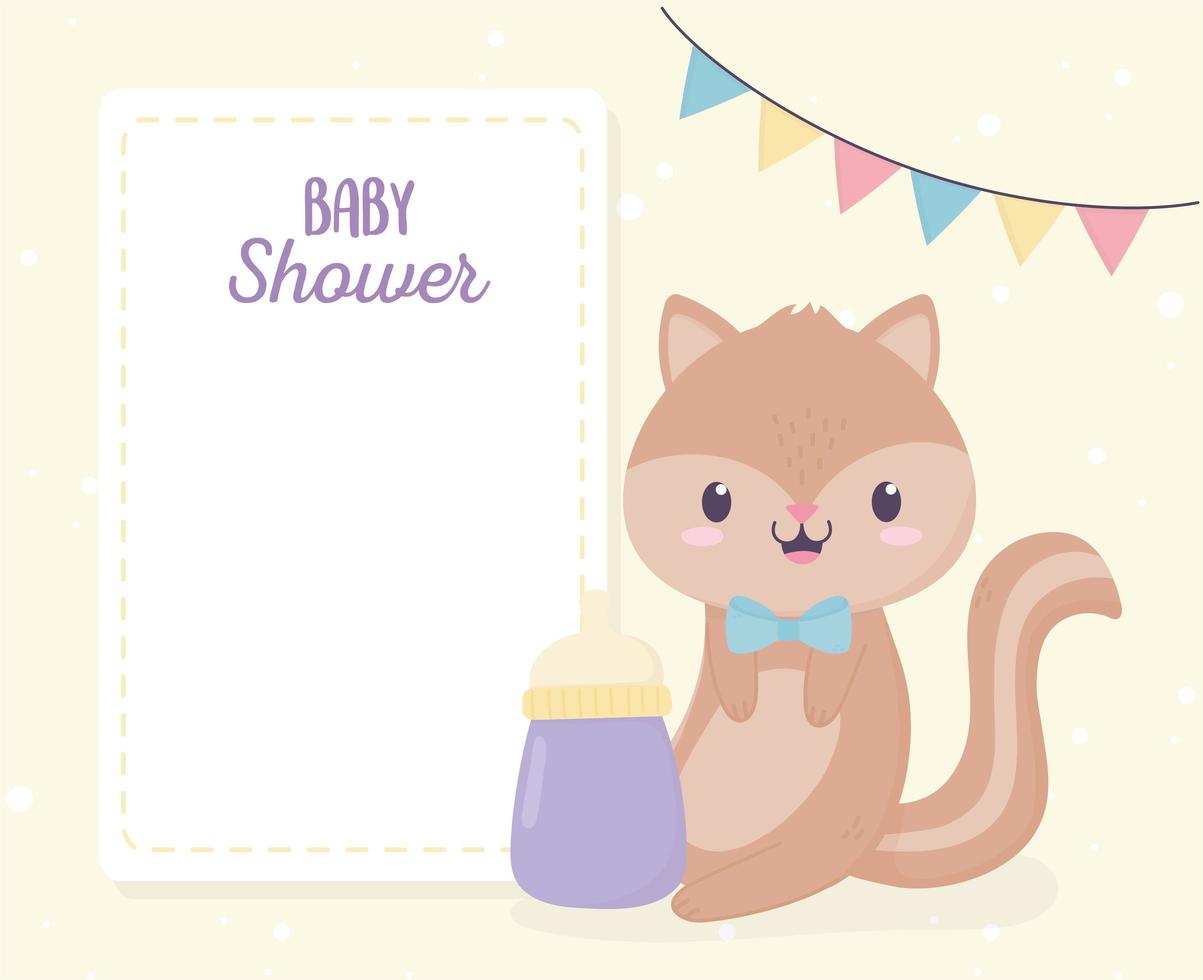 baby shower cute little squirrel and milk bottle greeting card vector