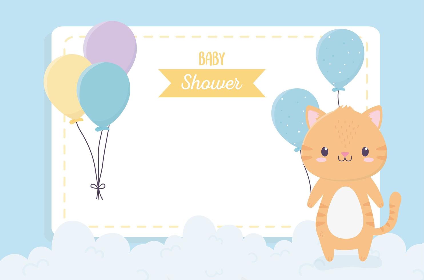 baby shower lindo gatito globos nubes tarjeta de invitación vector