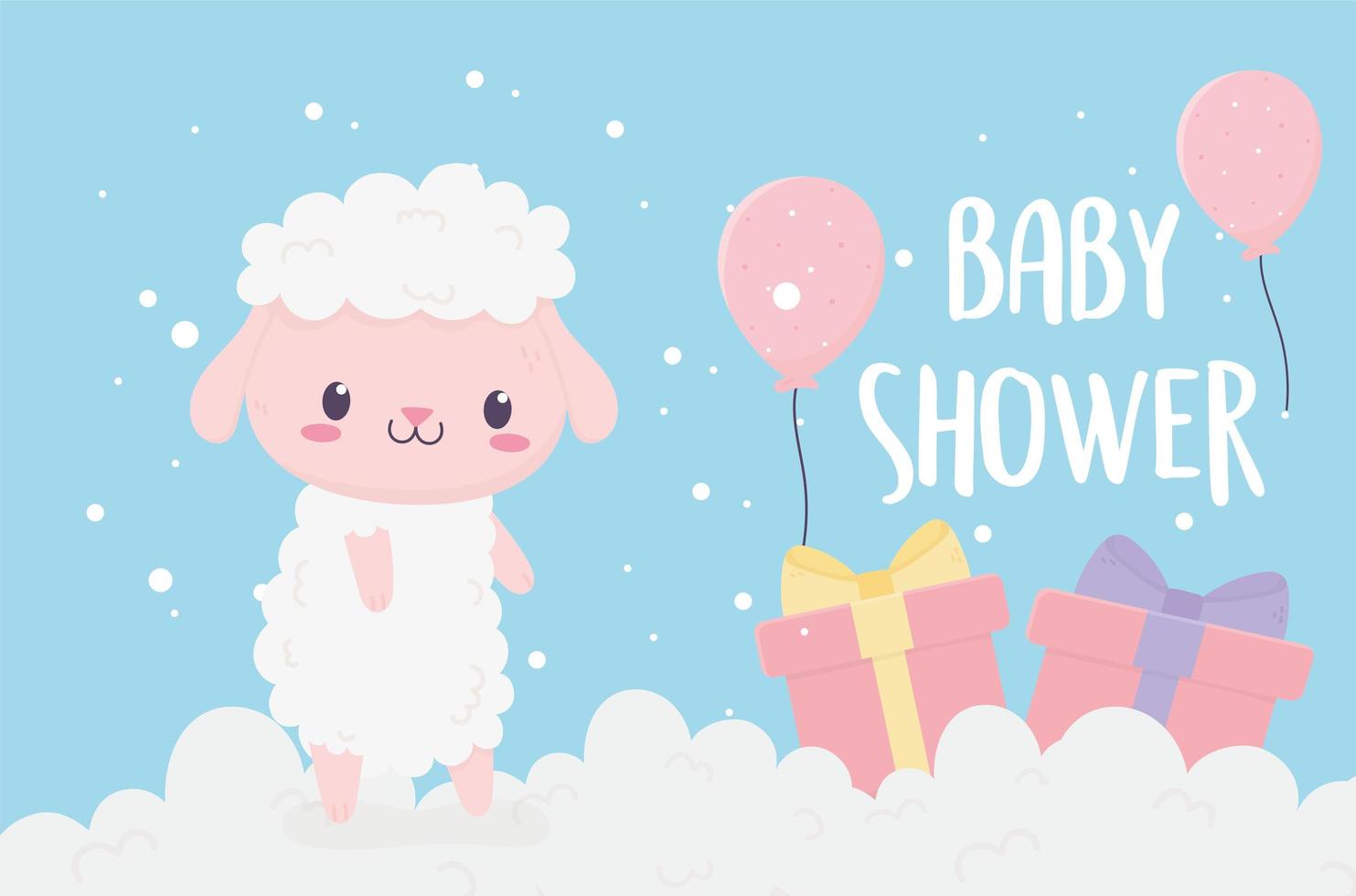baby shower cute little sheep in clouds with gifts and balloons vector