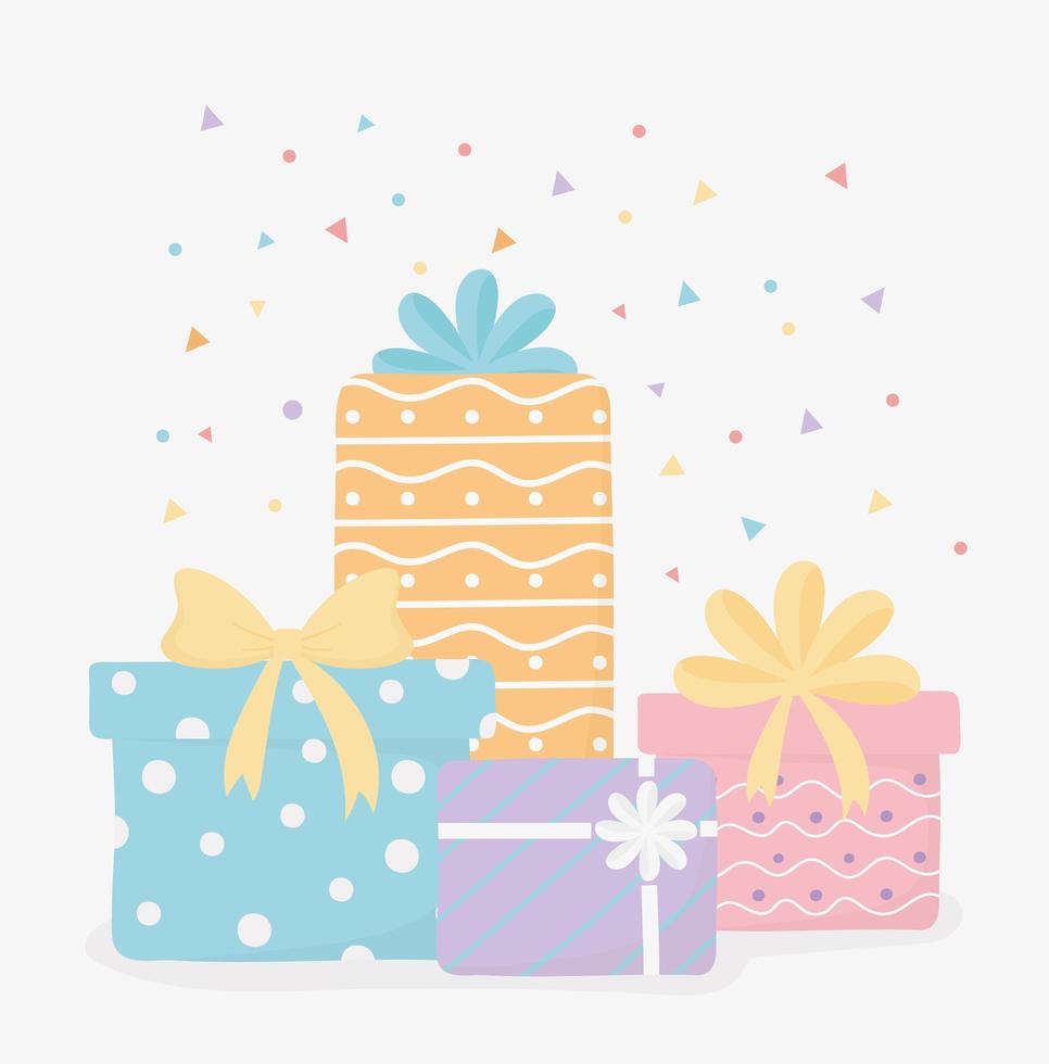 cajas de regalo envueltas con decoración de fiesta de confeti de lazo vector