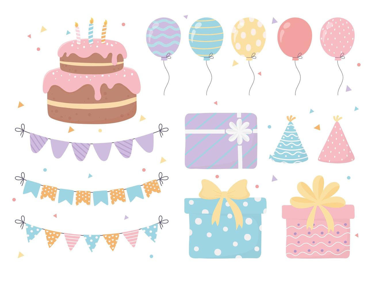 birthday cake hats gift boxes balloons pennants celebration party decoration vector