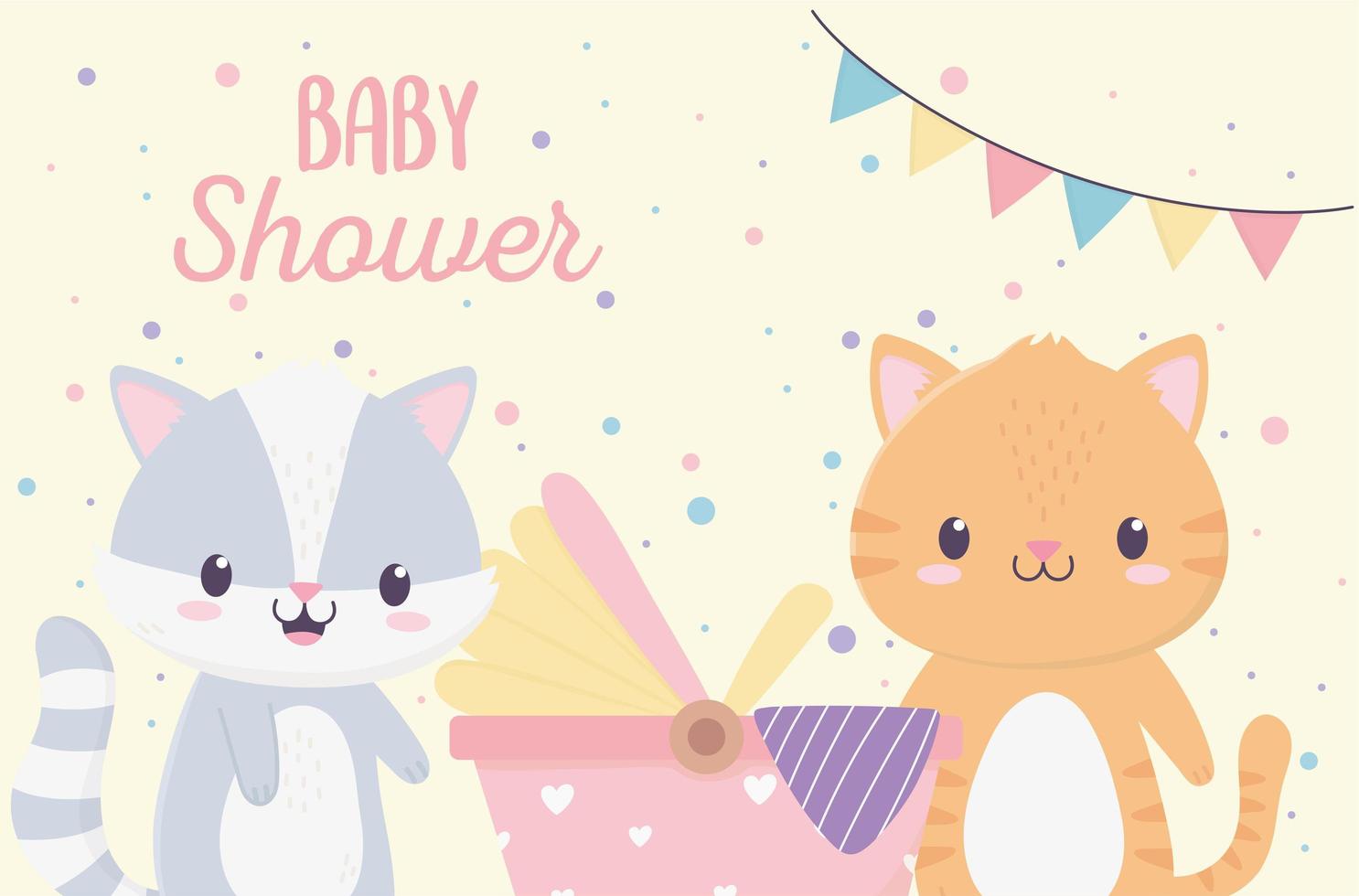 baby shower cute little raccoon and cat with pram greeting card vector