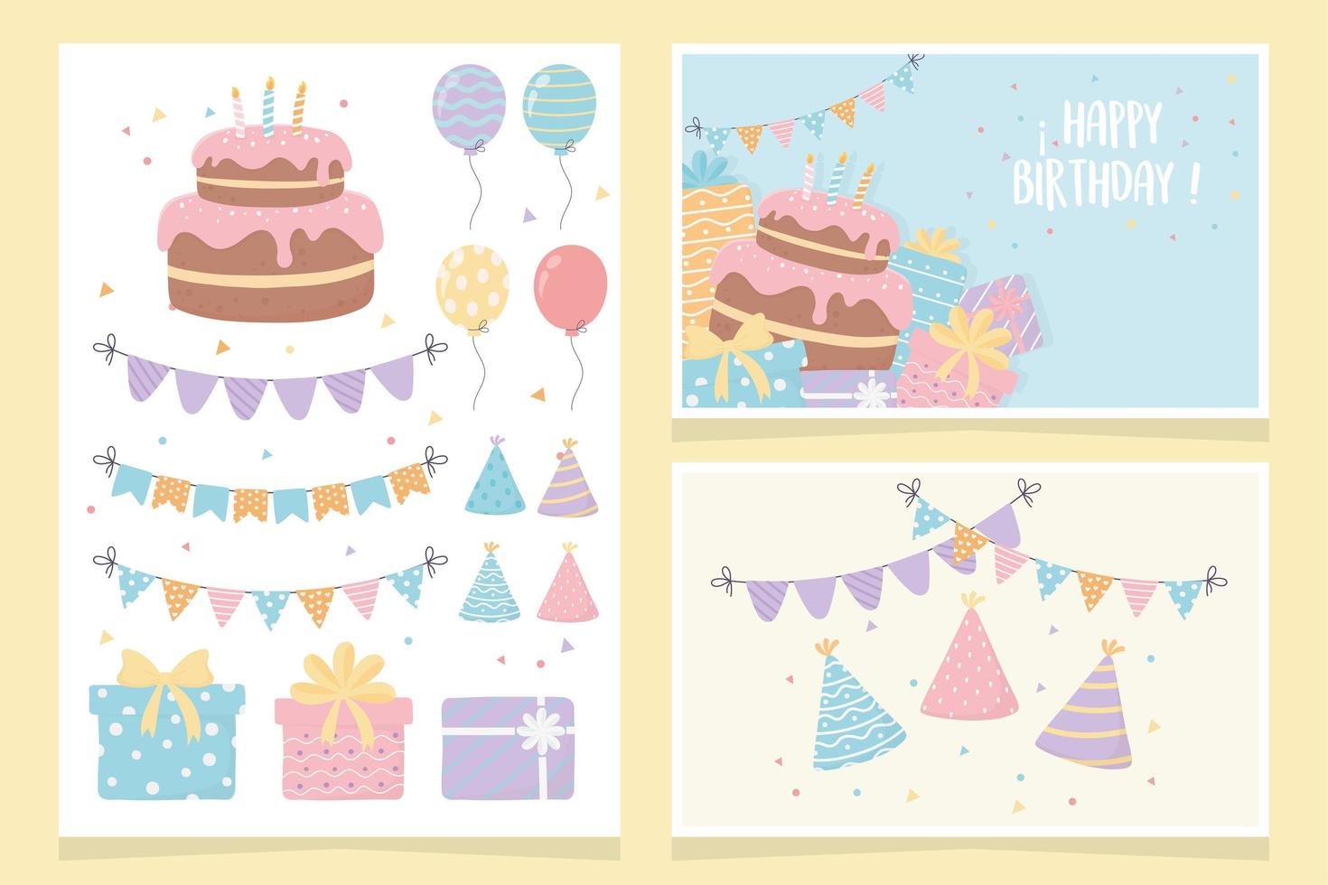 feliz cumpleaños pastel regalos globos banderines fiesta decoración tarjetas vector