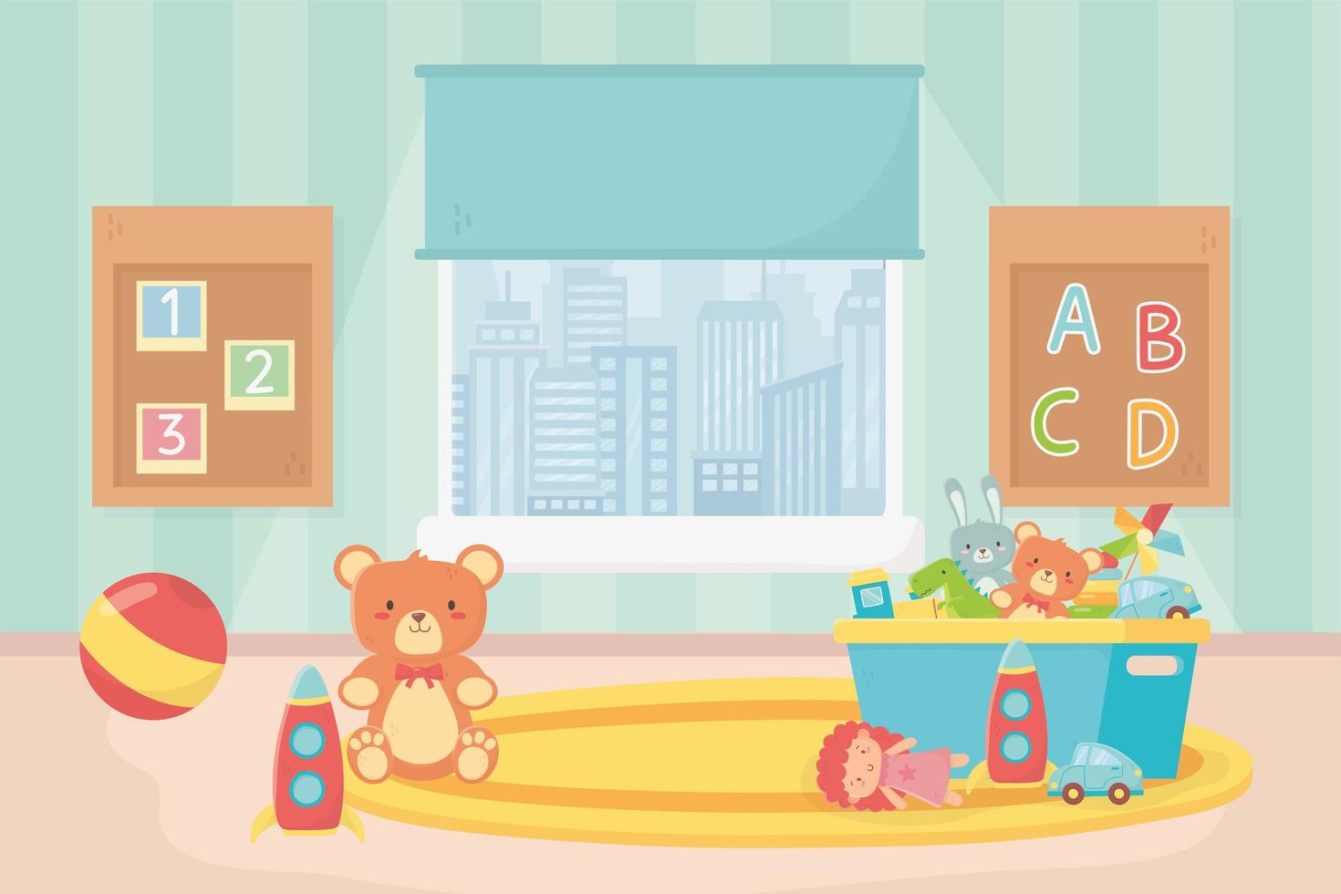 playroom toys board numbers alphabet ball bear bucket carpet window vector
