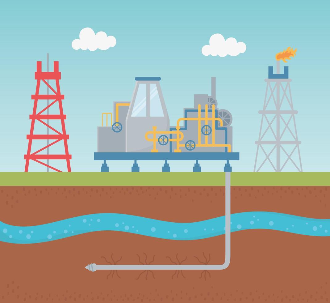 oil pump with tank extracting process exploration fracking vector