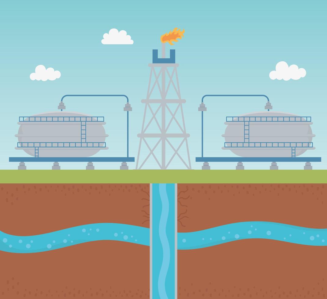 oil pump with water tank extracting process fracking vector