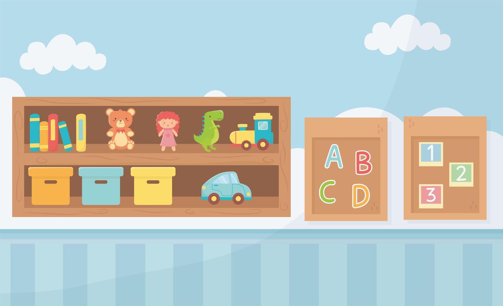 boards with alphabet numbers boxes and shefl room toys vector