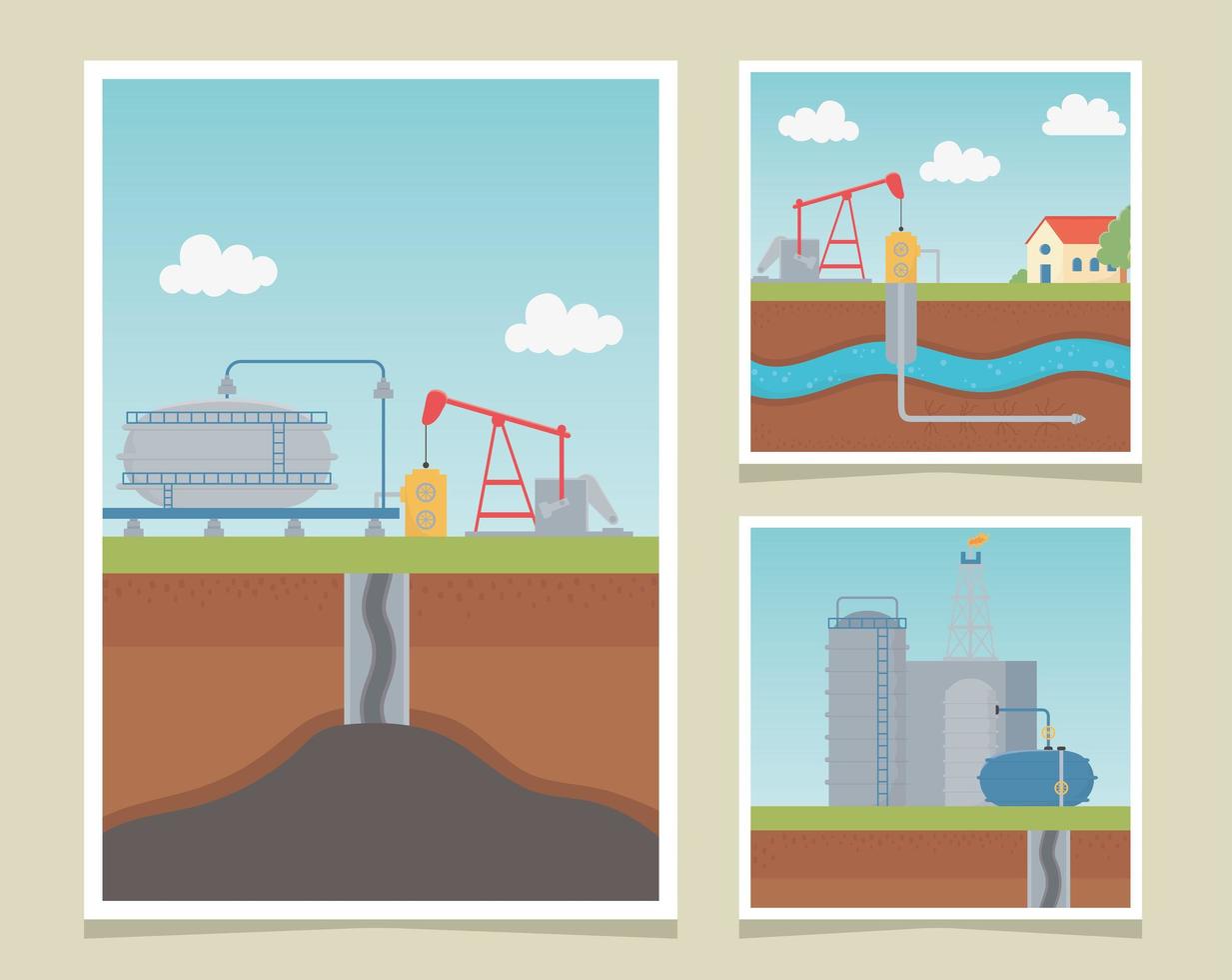 refinería industria proceso exploración fracking tarjetas vector