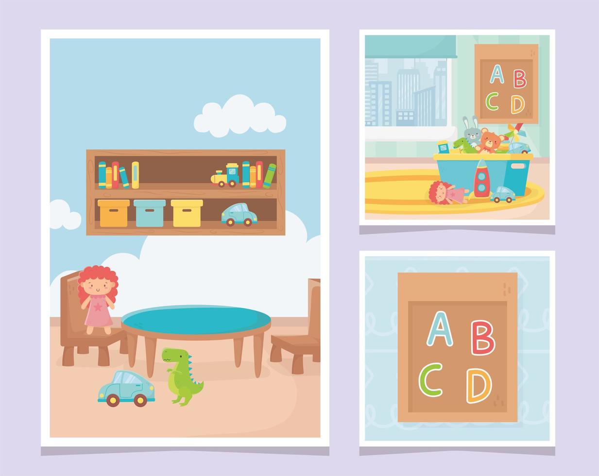 playroom table chair shelf board carpet bucket toys vector