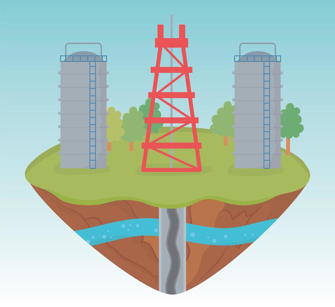 torre de petróleo tanques almacenamiento proceso exploración fracking vector