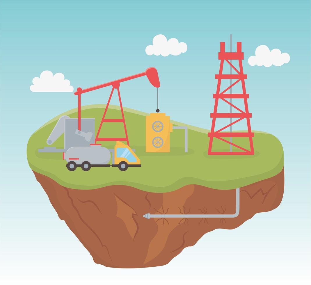 refinery tower truck pump process exploration fracking vector