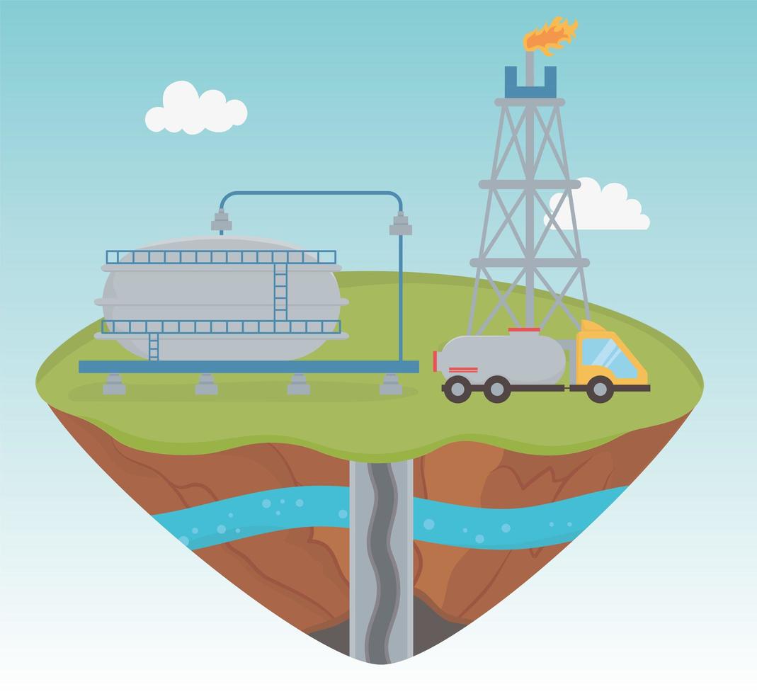 refinery tower and truck industry process fracking vector