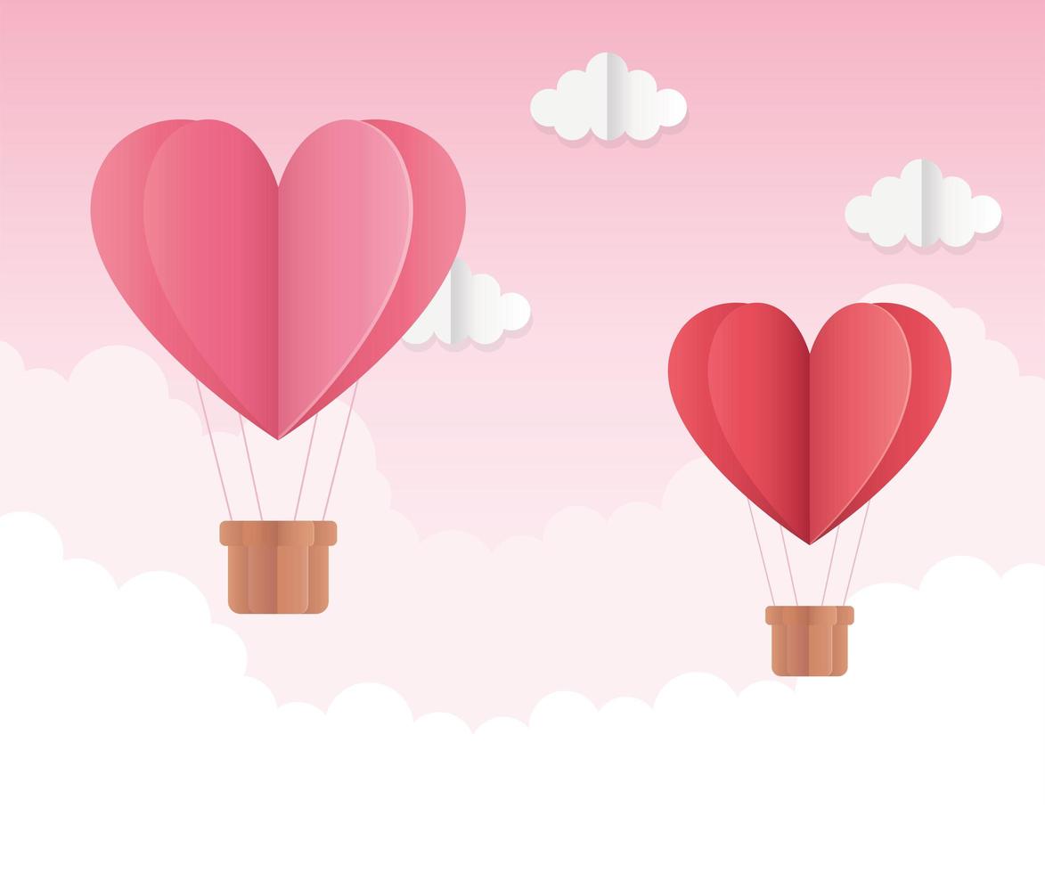 feliz día de san valentín origami corazones volando globos aerostáticos nubes vector