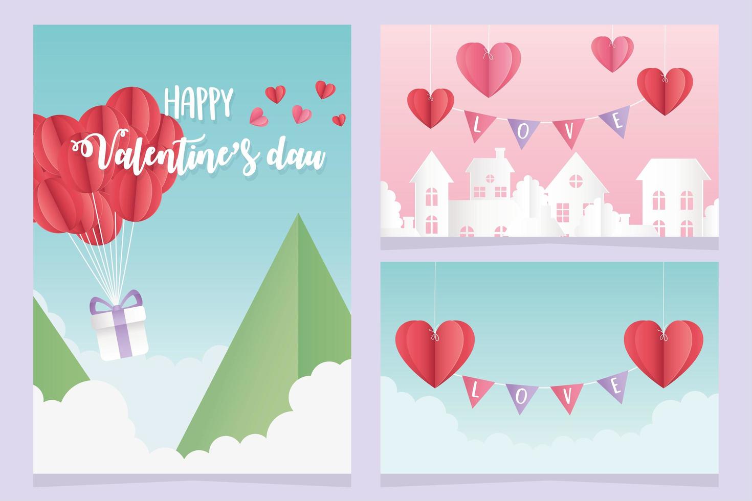 happy valentines day origami gift hearts balloons mountains vector