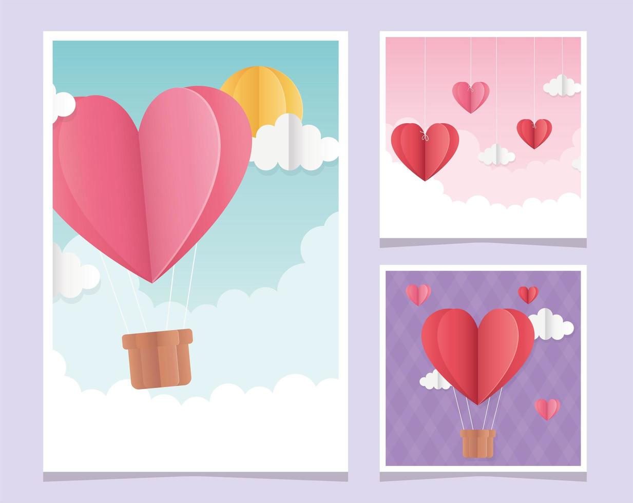 happy valentines day origami greeting cards hearts clouds balloon vector