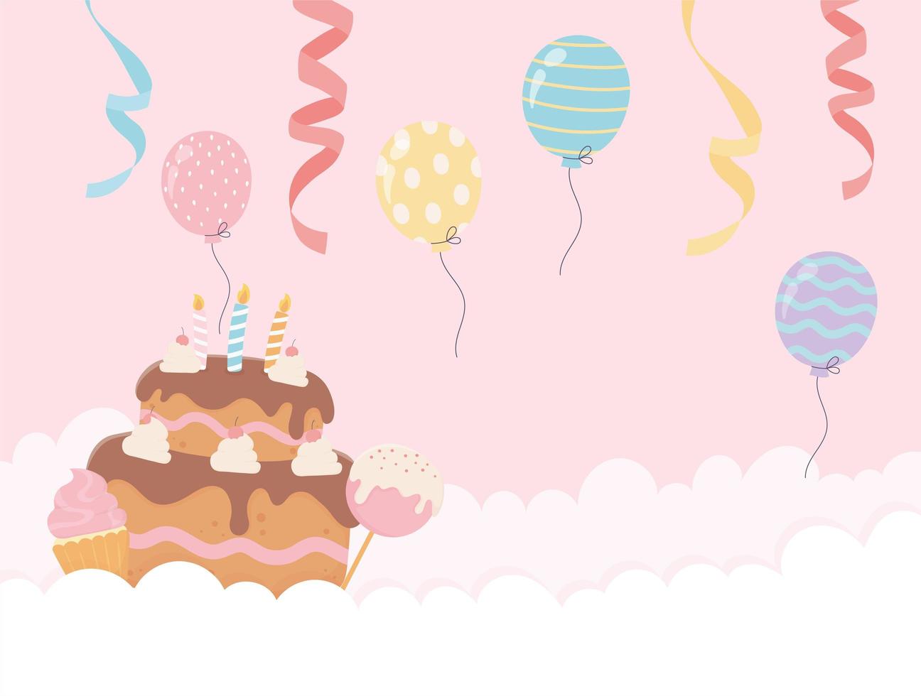 birthday cake ice cream candy balloons ribbon clouds celebration party decoration vector