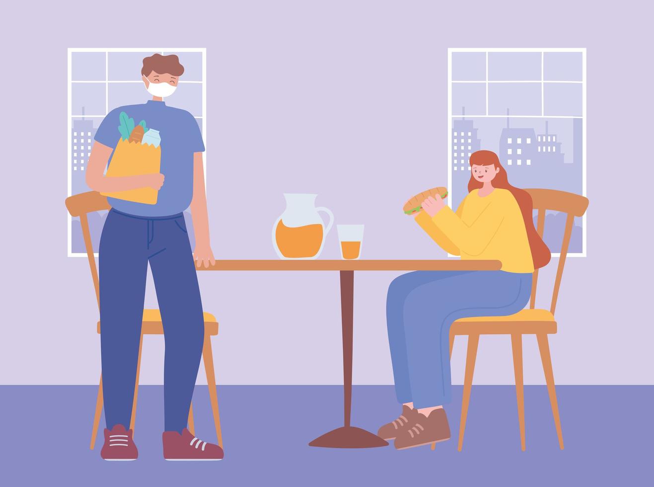 restaurant social distancing, man and woman preventive measures steps to protect yourself, people with medical face mask, covid 19 coronavirus vector
