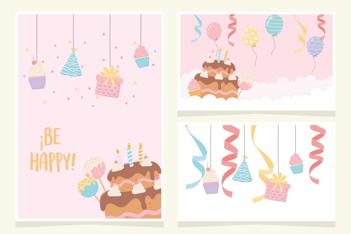 pastel de cumpleaños con velas cinta globos cupcake fiesta decoración tarjetas vector