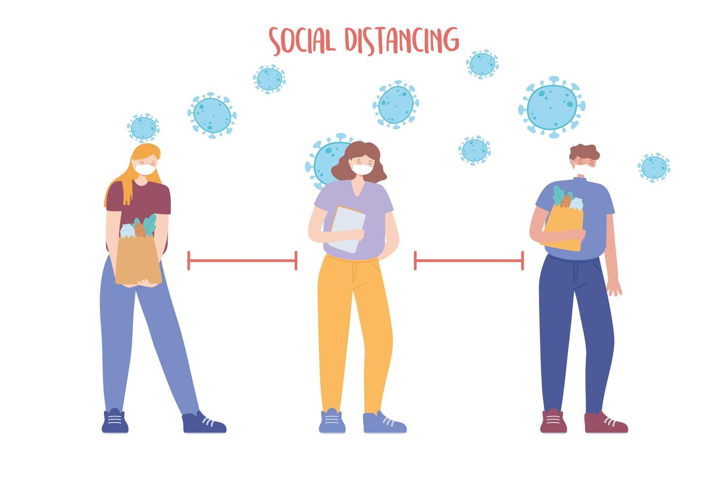women and man keeping distance for infection risk and disease, wearing medical mask for prevent virus covid 19 coronavirus vector
