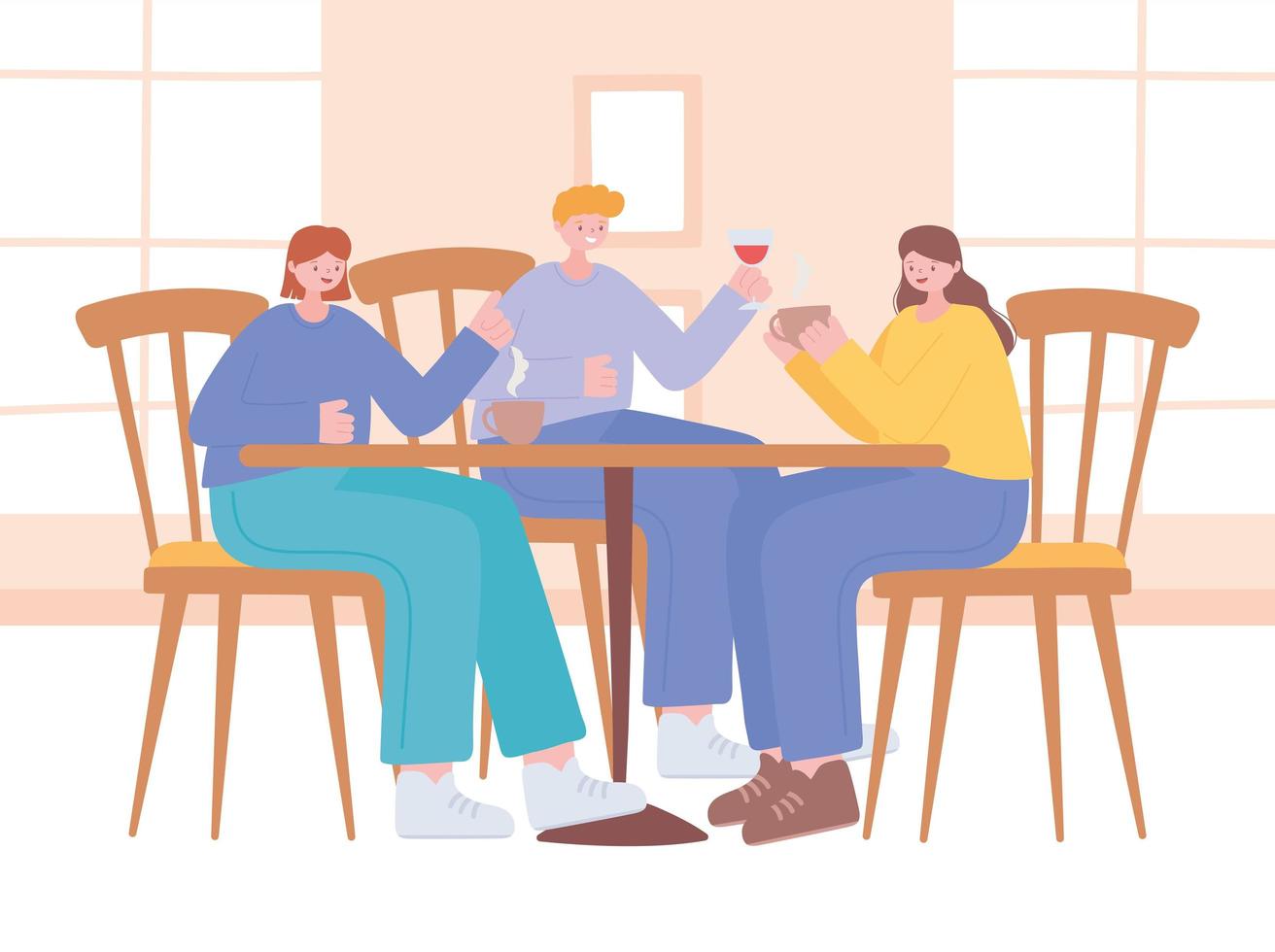 restaurant social distancing, guidance people keeping distance in food table, covid 19 pandemic, prevention of coronavirus infection vector