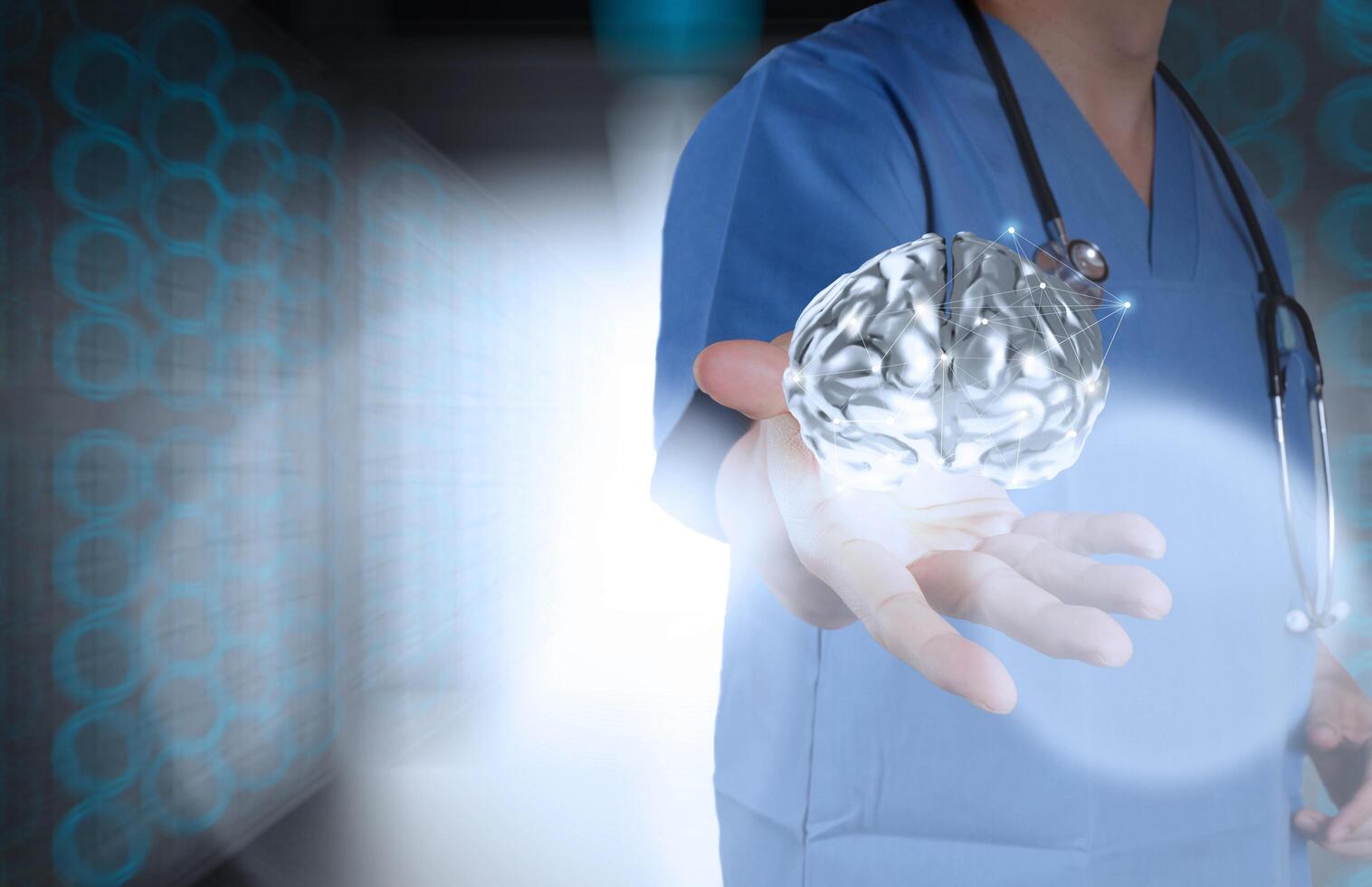 doctor neurologist hand show metal brain with green background as concept photo