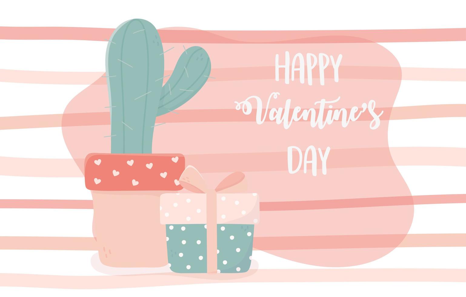 feliz día de san valentín cactus en maceta y fondo de rayas de regalo vector