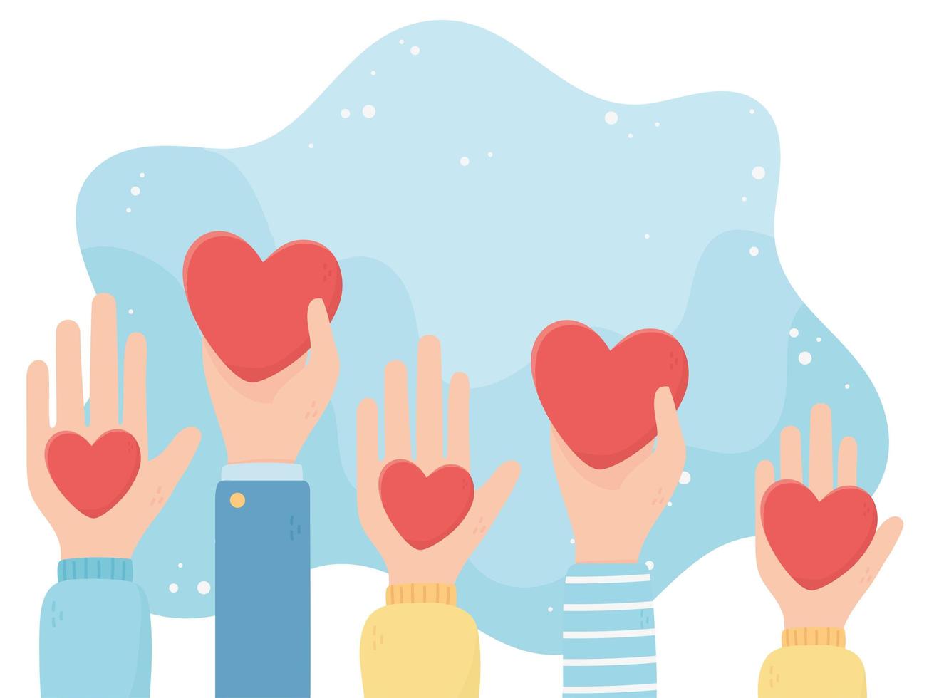 volunteering, help charity raised hands with hearts love vector