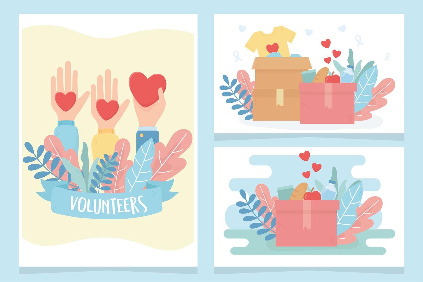 voluntariado, ayuda caridad voluntarios manos amor corazón ropa comida tarjetas vector