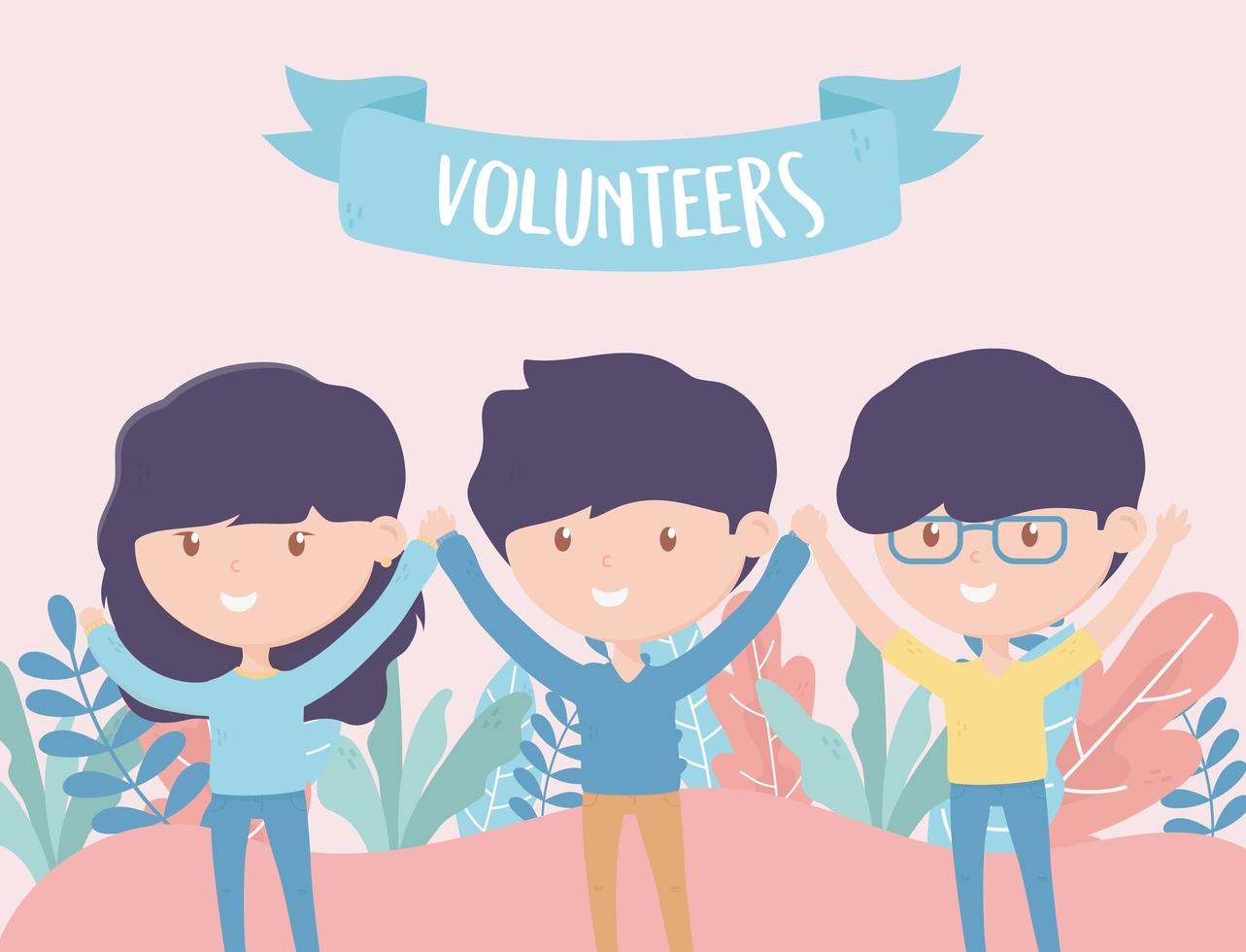volunteering, help charity young people volunteers hands up vector
