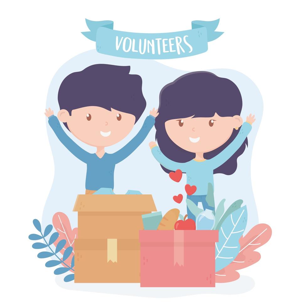 volunteering, help charity boy and girl volunteers with food and clothes donation vector