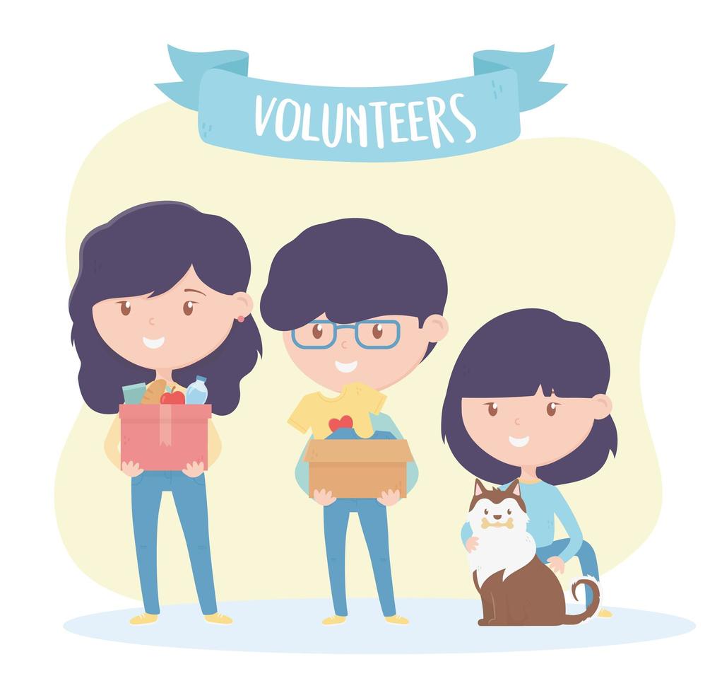 volunteering, help charity people volunteers with food clothes donation and protection animal vector