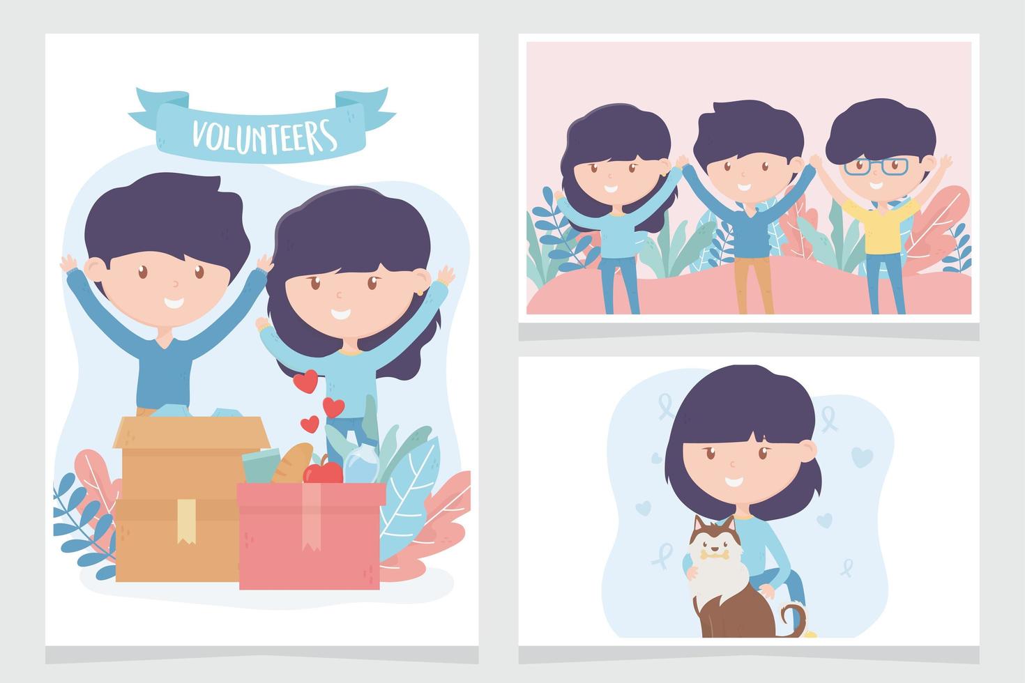 volunteering, help charity people donate community support cards vector