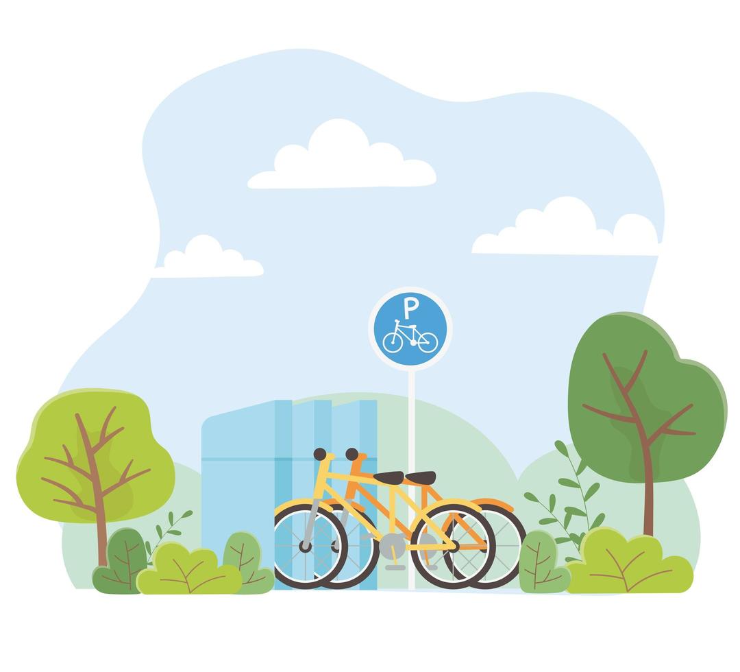 urban ecology parking bicycles transport park trees nature vector