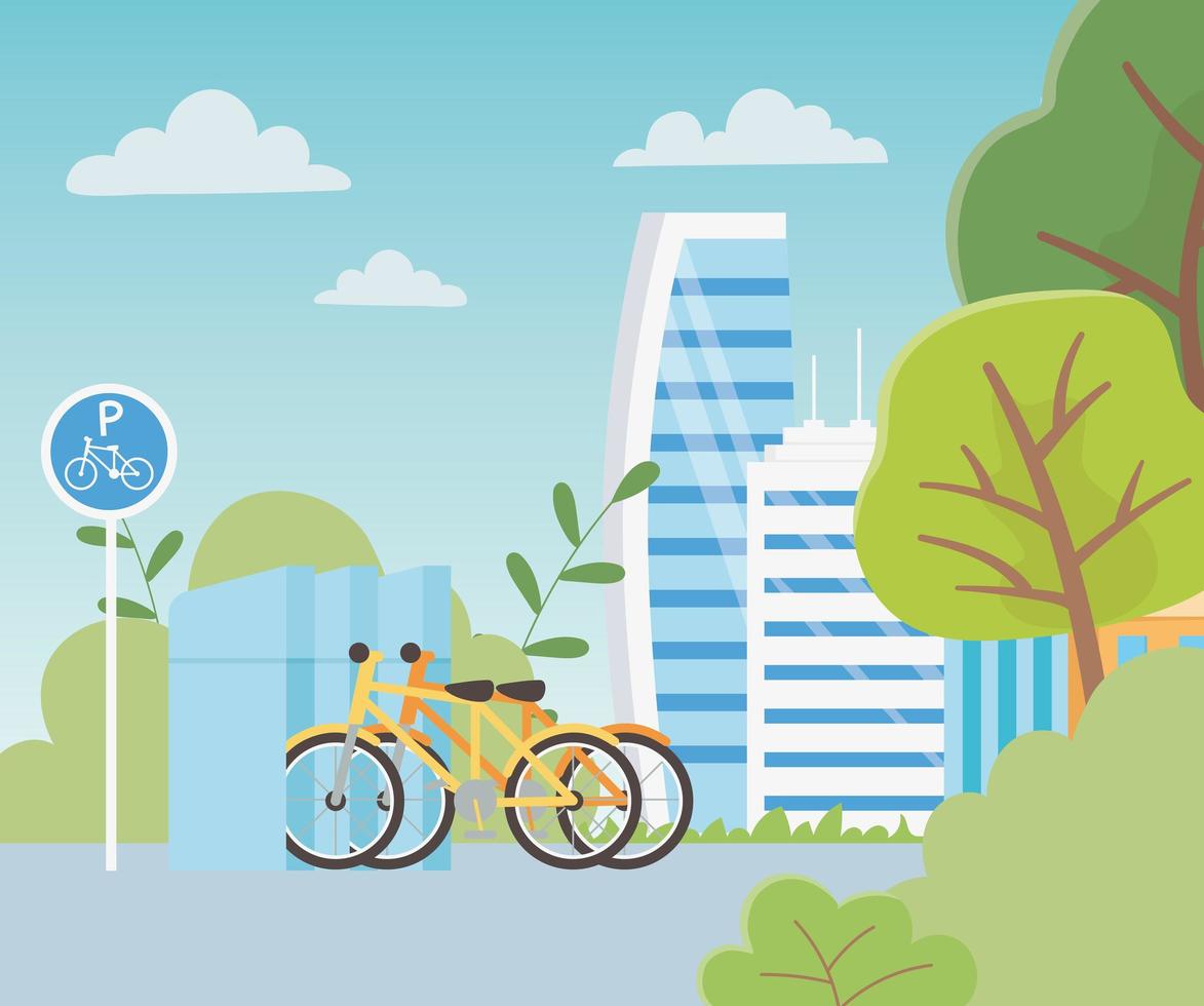 urban ecology parking bicycles transport buildings town trees natural vector