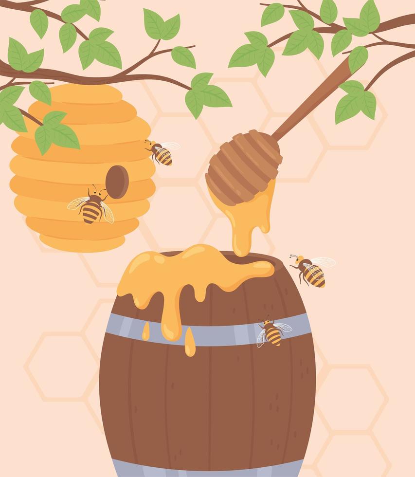 colmena de miel y barril vector