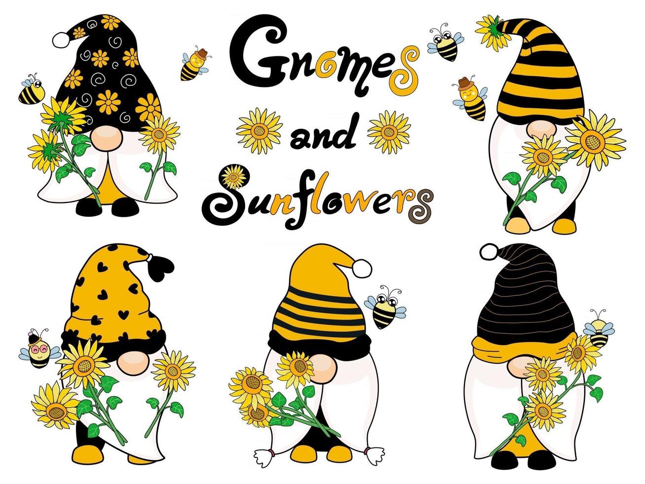 Gnomes and sunflowers are designed in black and yellow tones vector