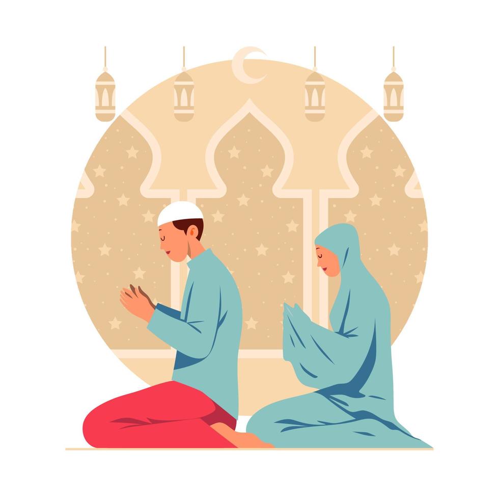 pareja musulmana rezando juntos vector