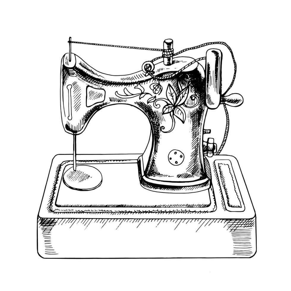 A hand-drawn ink sketch of a  vintage sewing machine. Outline on a white background, vintage vector illustration.   Vintage sketch element for labels, packaging and cards design.