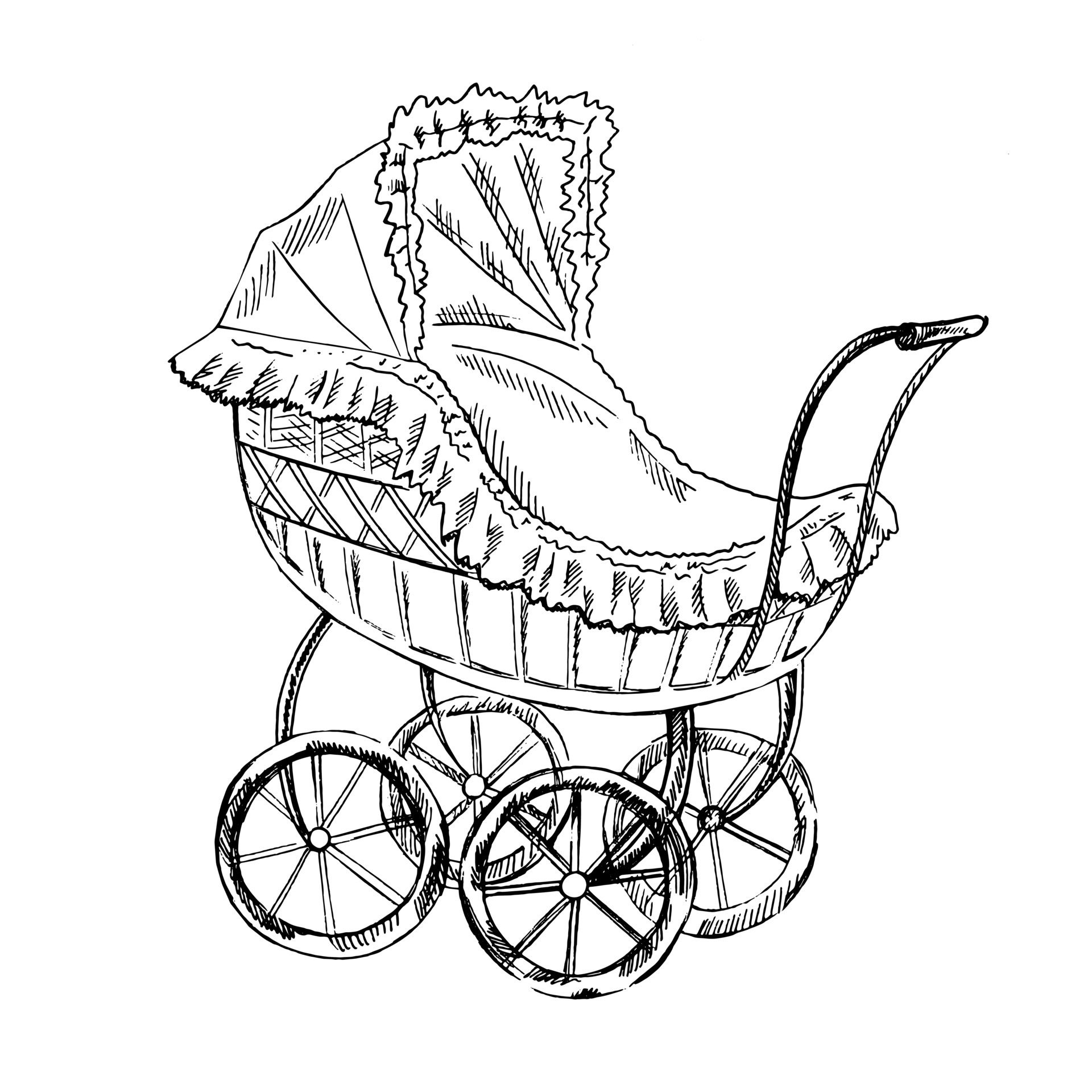 A handdrawn ink sketch of a vintage baby stroller. Outline on a white