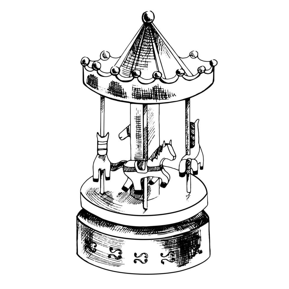un boceto de tinta dibujado a mano de un carrusel de juguete antiguo. contorno sobre un fondo blanco, ilustración vectorial vintage. elemento de croquis vintage para el diseño de etiquetas, empaques y tarjetas. vector