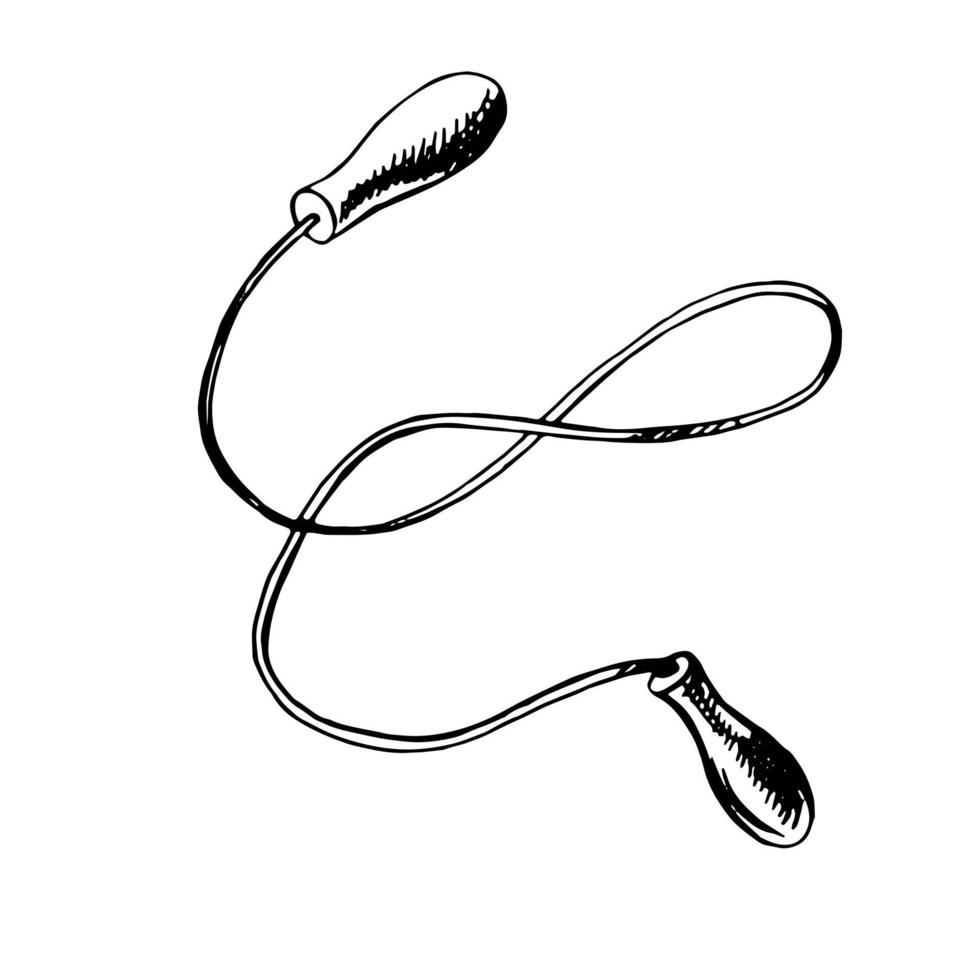 A hand-drawn ink sketch of  a skipping rope. Outline on a white background, vintage vector illustration.   Vintage sketch element for labels, packaging and cards design.