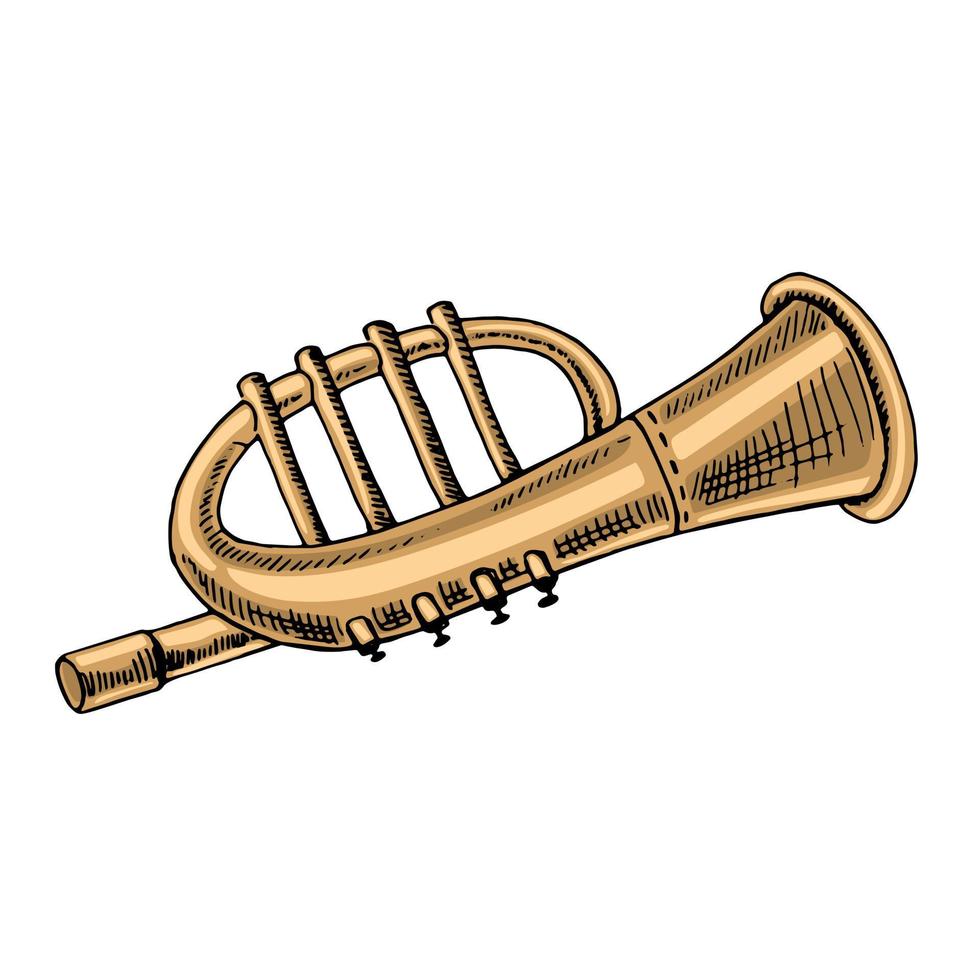 A hand-drawn ink sketch of a vintage musical trumpet. Musical trumpet toy. Outline on a white background, vintage vector illustration.