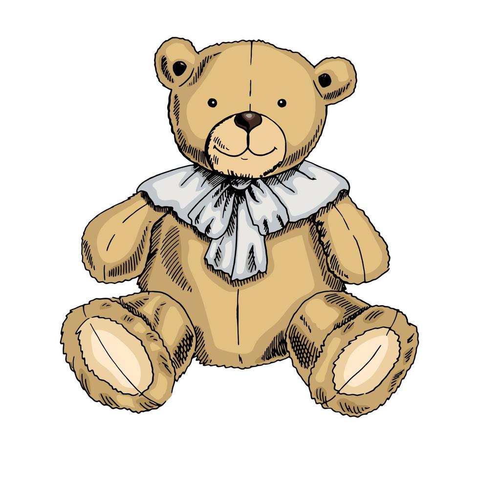 A hand-drawn ink sketch of a vintage toy. Teddy bear toy. Outline on a white background, vintage vector illustration.