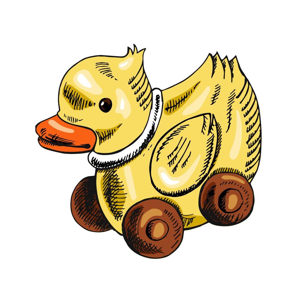 A hand-drawn ink sketch of  a wooden toy duck on wheels. Outline on a white background, vintage vector illustration.   Vintage sketch element for labels, packaging and cards design.