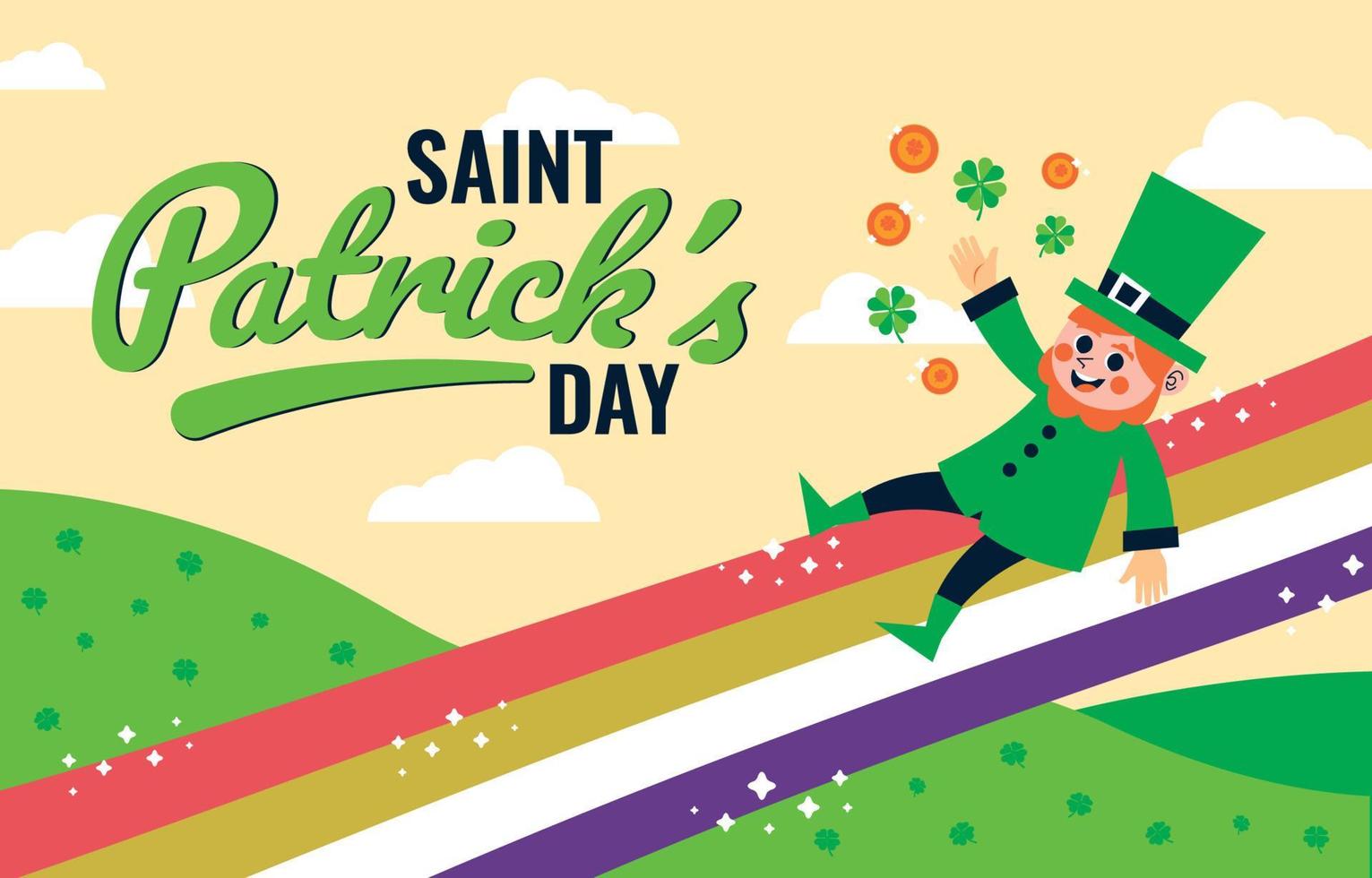 Leprechaun Character Playing with Rainbow and Coin vector