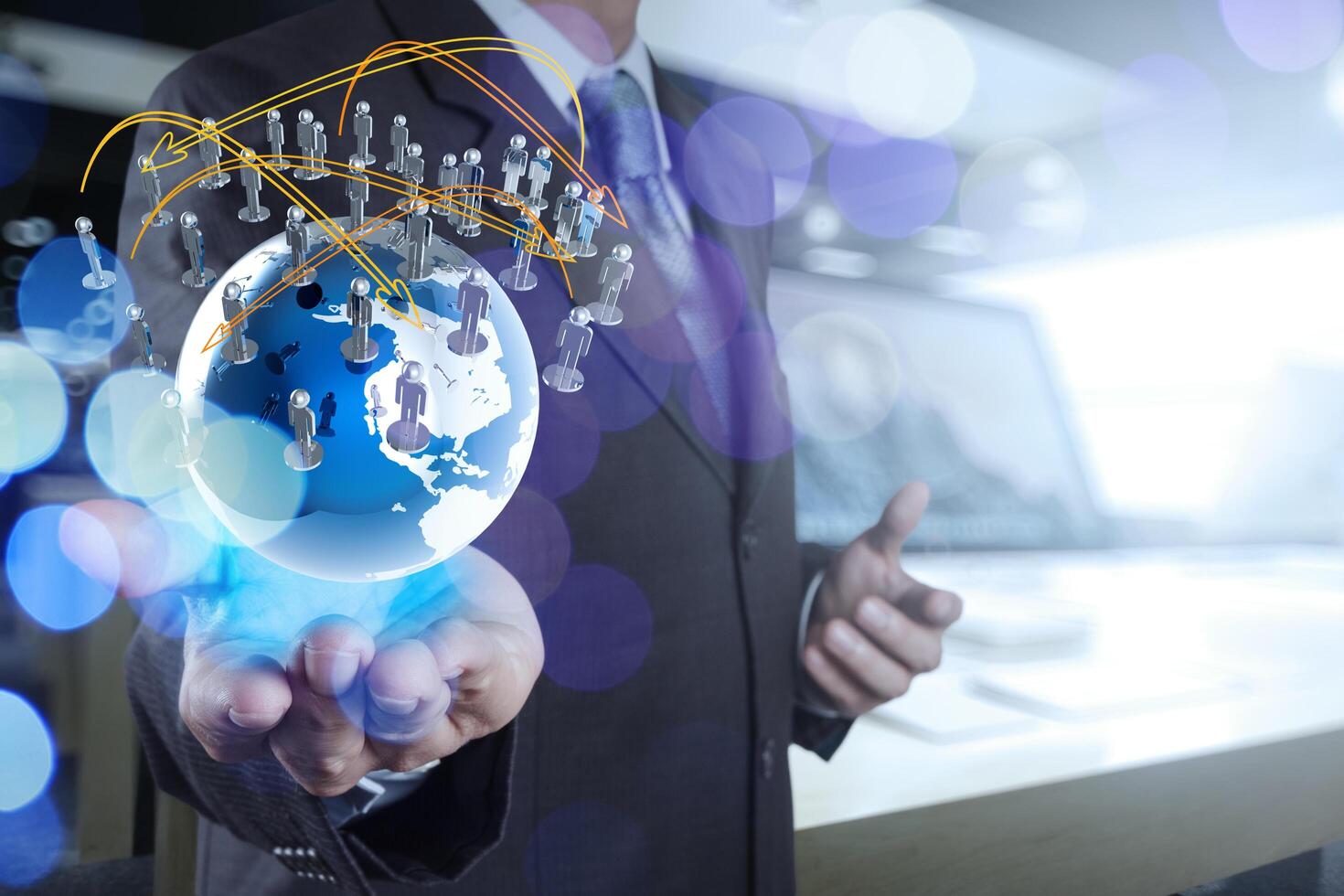 double exposure of businessman showing the world with digital social media network concept photo