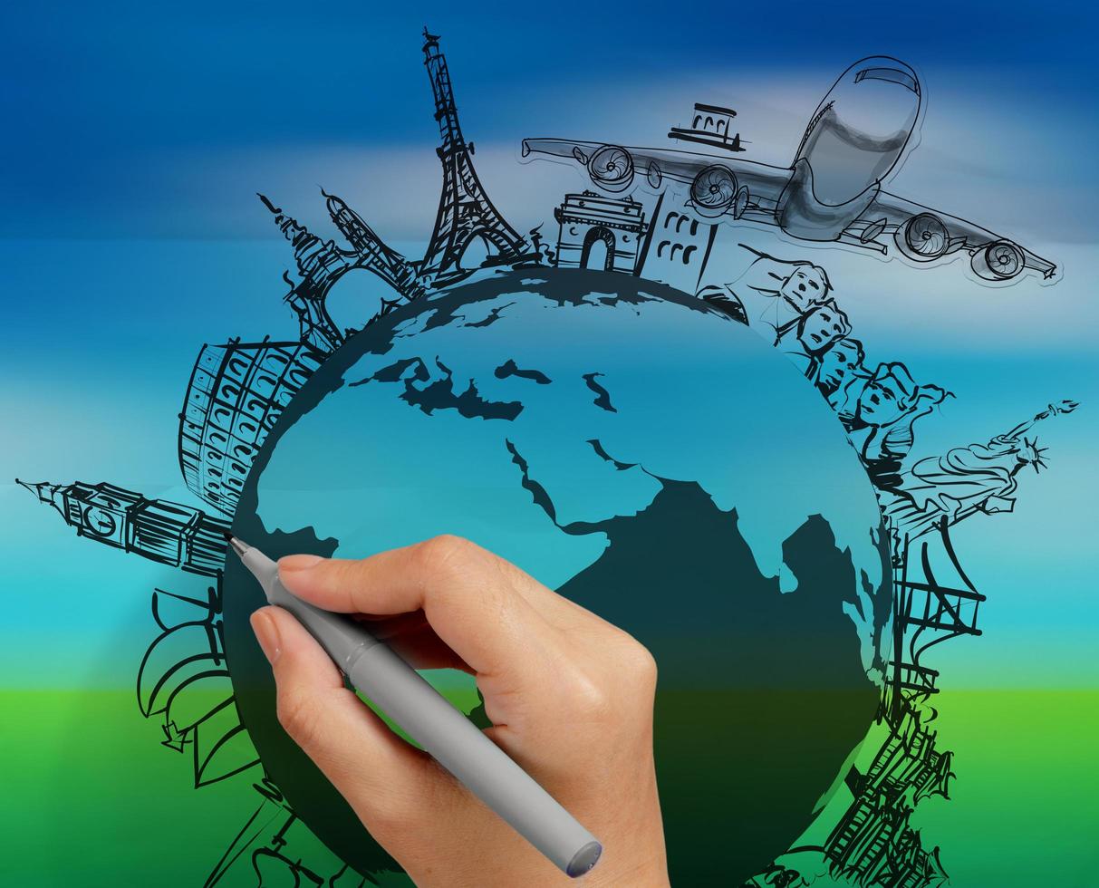 hand drawn traveling around the world by air plane on nature background photo