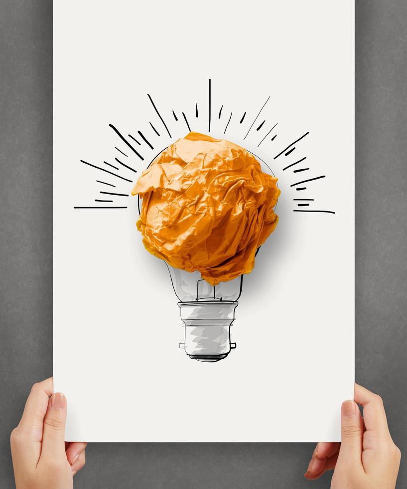 hand drawn light bulb with crumpled paper ball on paper poster as creative concept photo